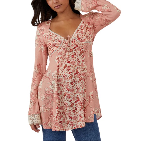 NEW Free People Odette Floral Long Sleeve Bell Sleeve Lace Tunic Multiple Sizes - Picture 8 of 11